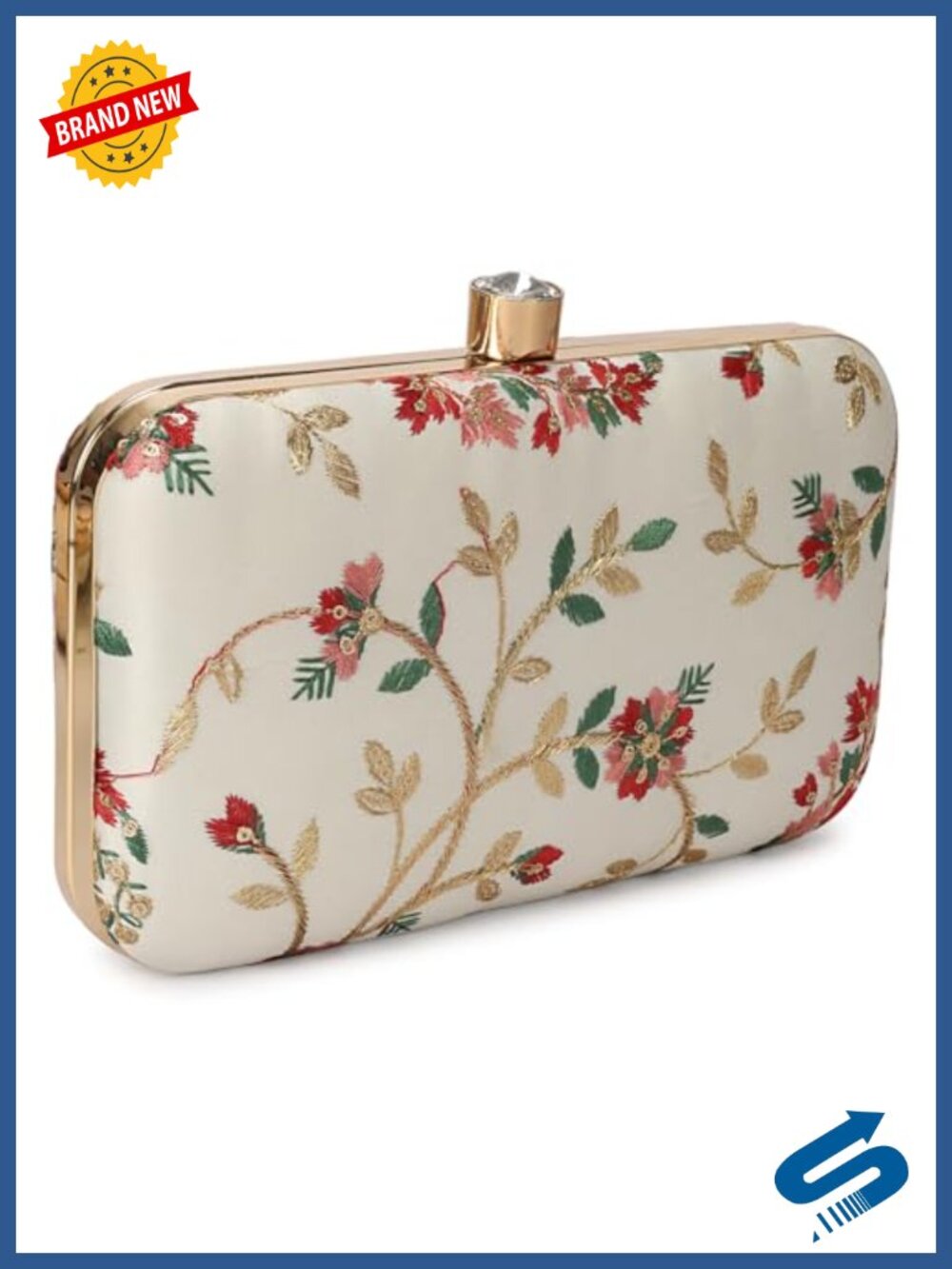 Handcrafted Zari Embroidered Box Clutch with Crystal Clasp & Gold Chain Strap